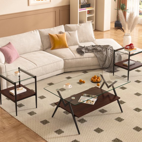 Coffee and End Tables Set | Living Room Tables for Everyday Life | Durable Tempered Glass and Iron Frame | Provides Stability and Easy Maintenance