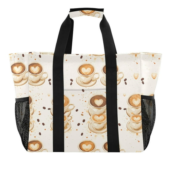 Coffee and Heart Latte Reusable Grocery Bags with Handle Side Pocket Waterproof Shopping Portable Tote