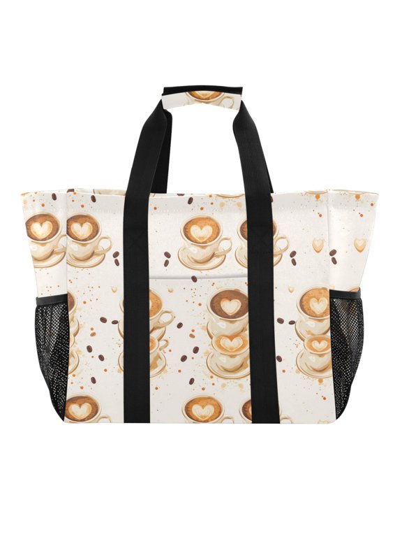 Coffee and Heart Latte Reusable Grocery Bags with Handle Side Pocket Waterproof Shopping Portable Tote