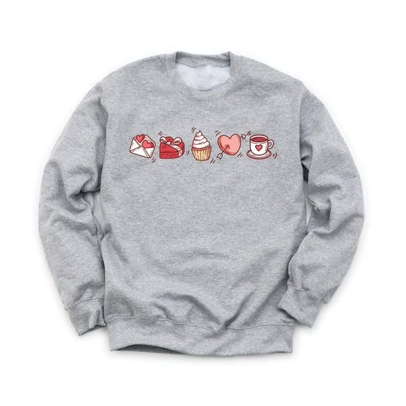 Coffee and Sweets Valentine's Day Unisex Gray Sweatshirt Love Note Candy Cupcake Heart Design Love Holiday Sweater