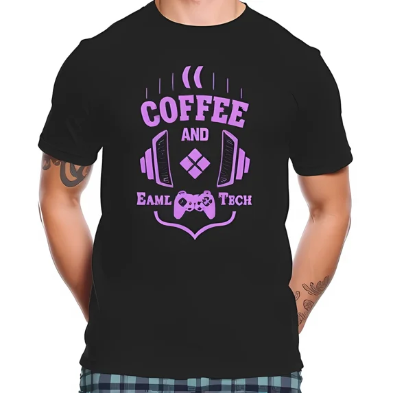 Coffee and Tech Headphones Artwork Tee Fun Modern Gamer Style Unisex T-Shirt up to size 5XL