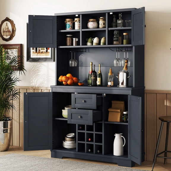 Coffee bar cabinet in dark blue with extra storage for kitchen and dining essentials