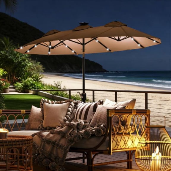 Coffee-colored Garden Umbrella, All-weather Sunshade Umbrella That Works Day and Night, Equipped with Solar LED Light Bulbs, and With A Fixed Locking Mechanism