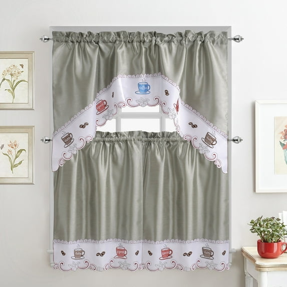 Coffee cup Embroidered 3-Piece Kitchen Curtain Tiers & Swag Set, Gray color, 58x36 & 28x36 inches for daily life and holiday