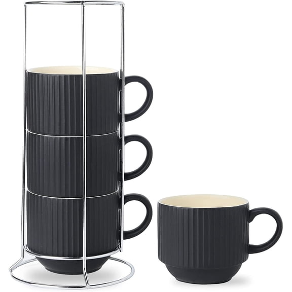 Coffee cup ceramic 4-piece set, stackable large iron cup with metal bracket, dishwasher and microwave safe, black cappuccino tea hot cocoa
