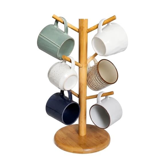 Behome Bamboo Mug Holder, Coffee Cup Holder with 6 Hooks, Coffee Mug Tree for Counter