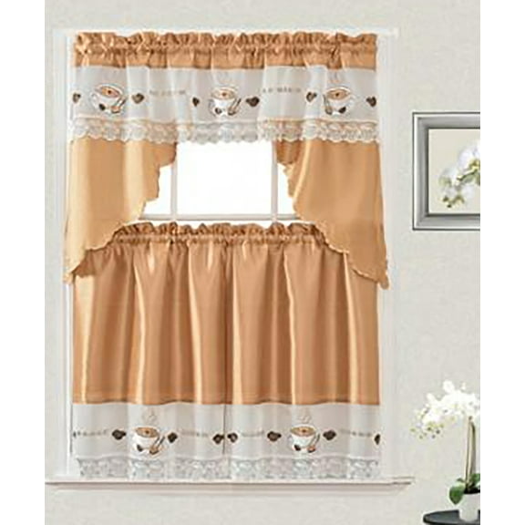 Coffee cup macrame Design Kitchen Curtain with Swag and Tier Set 36 inch Gold Color