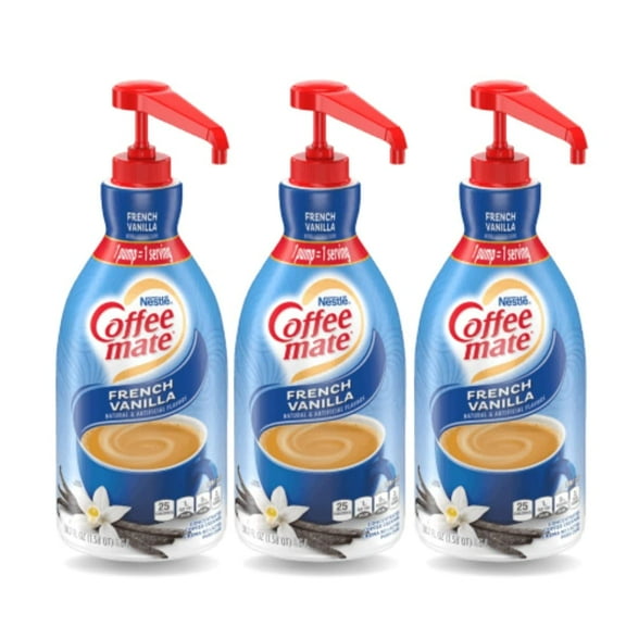Coffee mate Creamer, Non Dairy, No Refrigeration, 50.7 Ounces, French Vanilla Liquid Concentrate, 1.5 Liter Pump Bottle (Pack of 3) with BestBonus4u Complete Recipe E-Book of 20+ Delicious Coffee