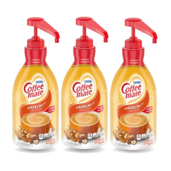 Coffee mate Creamer, Non Dairy, No Refrigeration, 50.7 Ounces, Hazelnut Liquid Concentrate, 1.5 Liter Pump Bottle (Pack of 3) with BestBonus4u Complete Recipe E-Book of 20+ Delicious Coffee.