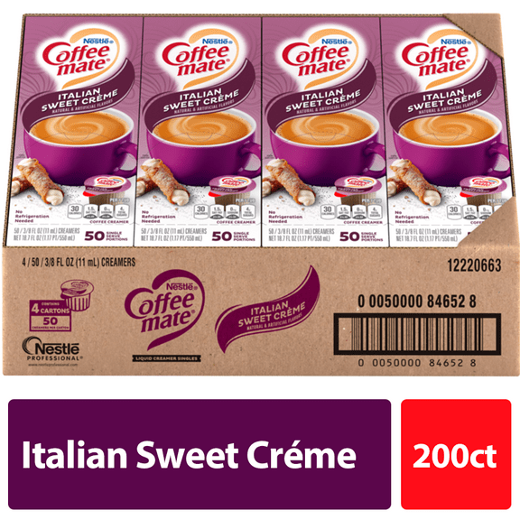 Coffee mate Italian Sweet Crme Non-Dairy Creamer, 0.375 fl oz, 200 Count Tubs (4 Packs of 50)