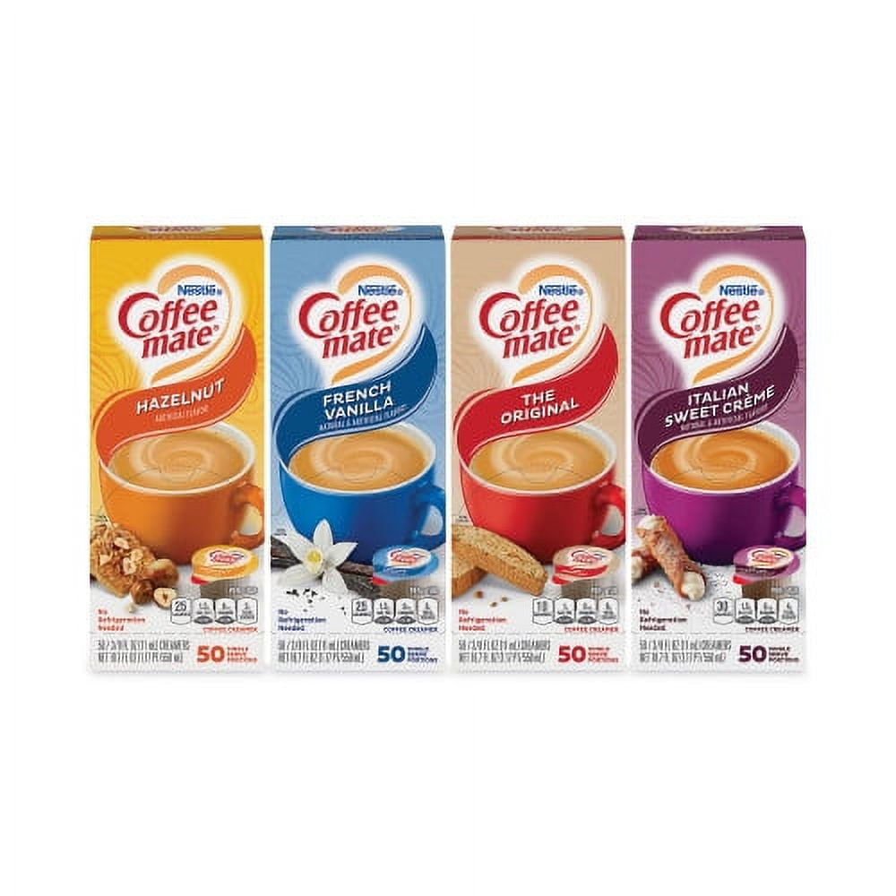 Liquid Coffee Creamer, French Vanilla/Hazelnut/Italian Sweet Creme/Original, 0.37 oz, 200/CT, Ships in 1-3 Business Days Liquid Coffee Creamer, French Vanilla/Hazelnut/Italian Sweet Creme/Original, 0.37 oz, 200/CT, Ships in 1-3 Business Days
