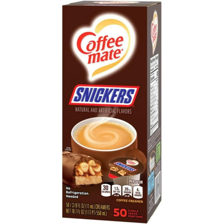 Liquid Coffee Creamer, Snickers, 0.38 oz Mini Cups, 50 Cups/Box Liquid Coffee Creamer, Snickers, 0.38 oz Mini Cups, 50 Cups/Box