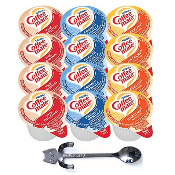 Coffee mate Liquid Creamer Singles Variety Pack, 108ct, 3 Flavors x 36 Each Original, French Vanilla, Hazenult + BestBonus4U Coffee Stirrer Spoon