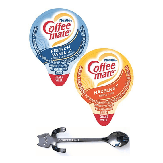 Coffee mate Liquid Creamer Singles Variety Pack, 180 ct, 2 Flavors x 90 Each French Vanilla and Hazenult + BestBonus4U Coffee Stirrer Spoon
