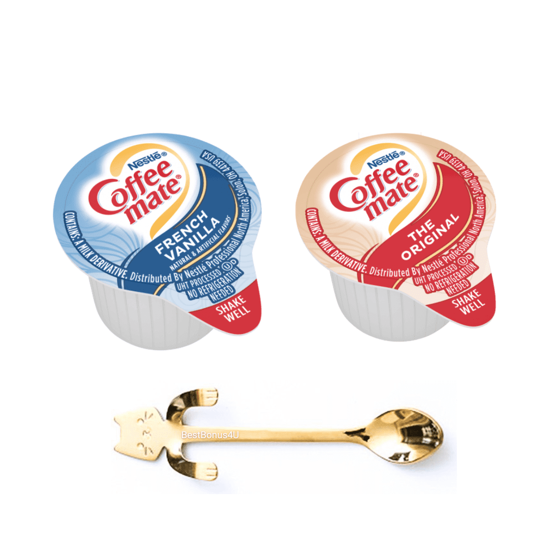 Coffee mate Liquid Creamer Singles Variety Pack, 180ct, 2 Flavors x 90 Each, Original, French Vanilla + BestBonus4U Coffee Stirrer Spoon
