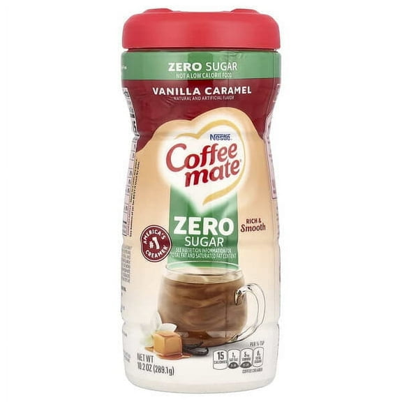 Coffee mate Vanilla Caramel Zero Sugar Powdered Creamer, 10.2 oz Canister (Pack of 2) with By The Cup Coffee Scoop