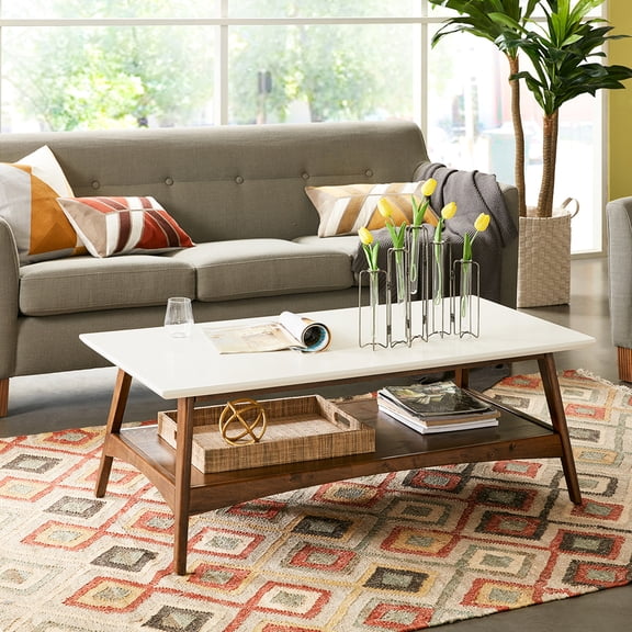 Coffee table with off - white and pecan finish / Lower shelf for storing things