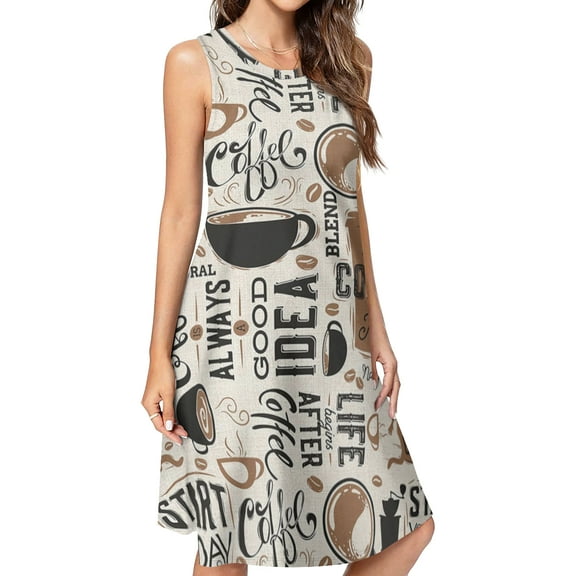 Coffee themed Spring Summer Dresses for Women Fashion T-shirt Dress Casual Sleeveless Loose Sundress with Pockets