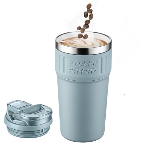 Insulated Coffee , 21oz Iced Coffee Tumbler Cup with Straw Lid Double Wall Vacuum Leak Proof Travel Mug with Strap for Hot and Iced Beverage, blue