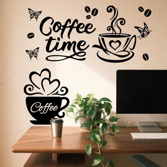 Coffee time Wall Stickers Decals Decor Removable Peel and Stick 2 Sheets 23.6"x 15" Vinyl 3D Wall Murals for Bedroom Living Sewing Room Bathroom Classroom Playroom Home