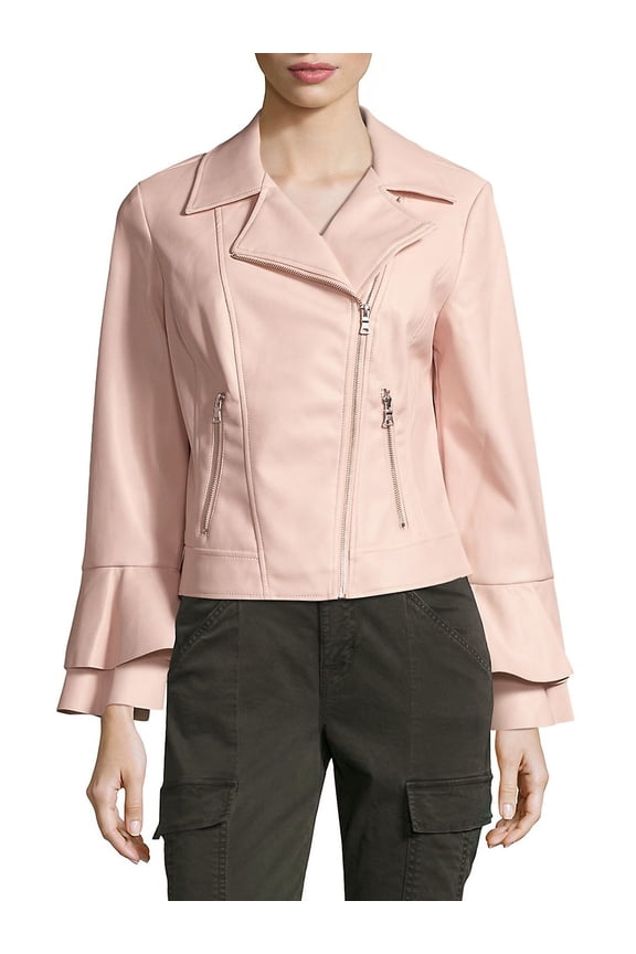 Faux Leather Jacket with Ruffle Sleeve