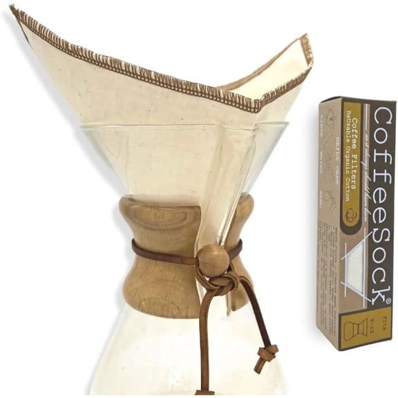 CoffeeSock The Original Reusable 100% Organic Cotton Coffee Filters - 2 pk - Fits Chemex 6-13 Cup Coffee Makers | Coffee Sock Cloth Coffee Filter | Zero-Waste & Eco-Friendly (X6)