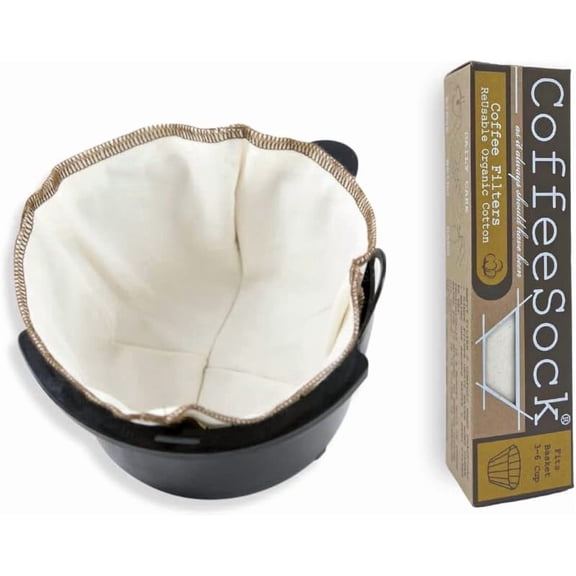 CoffeeSock The Original Reusable 100% Organic Cotton Coffee Filters - 2 pack Basket Filters 3-6 cup fit | Coffee Sock Cloth Coffee Filter | Organic Cotton Alternative