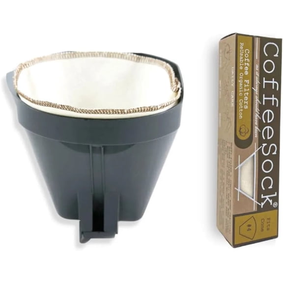 CoffeeSock The Original Reusable 100% Organic Cotton Coffee Filters - 2 pk Cone #4 Filters | Coffee Sock Cloth Drip 4 Coffee Filter | Organic Cotton Alternative - Zero-Waste & Eco-Friendly - C4
