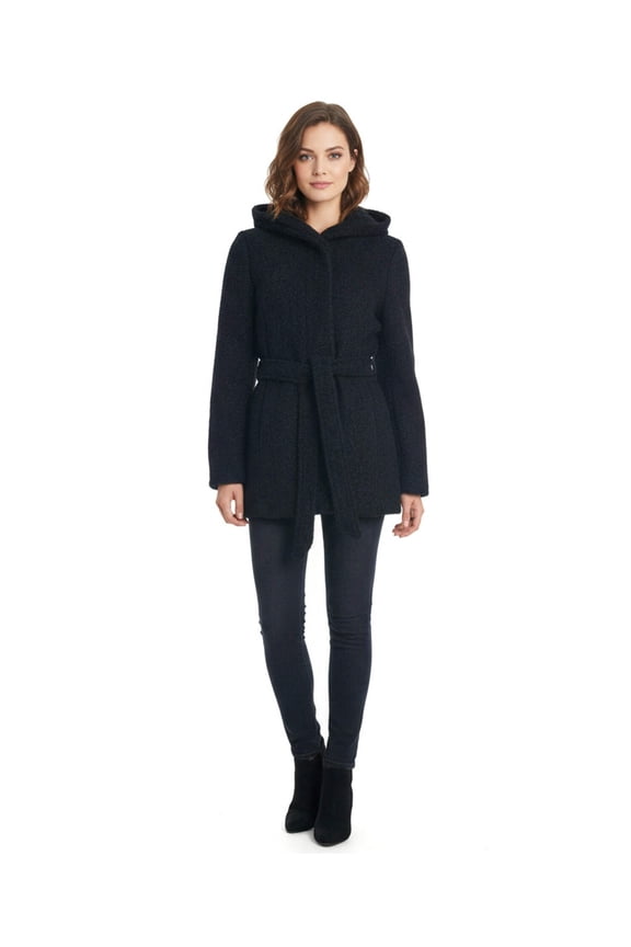 Hooded Boucle Coat with Waist Tie