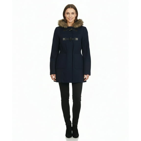 Coffeeshop Hooded Toggle Coat with Faux Fur Trim