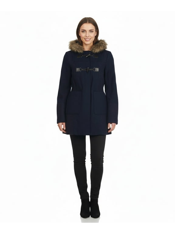 Hooded Toggle Coat with Faux Fur Trim