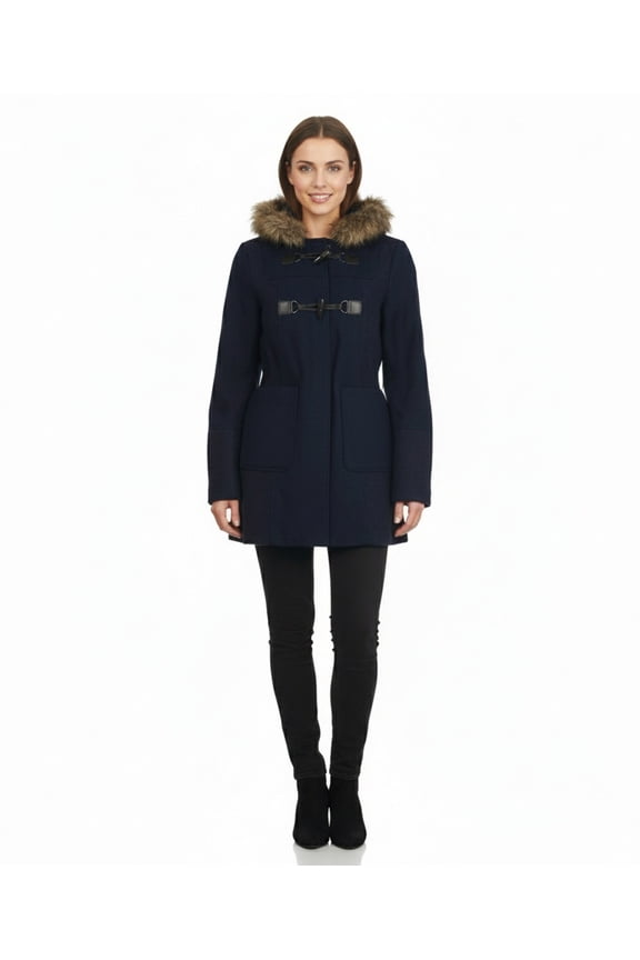 Hooded Toggle Coat with Faux Fur Trim
