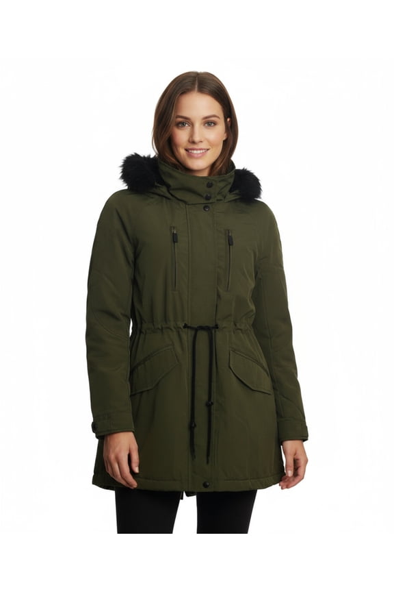 Soft Shell Hooded Coat with Faux Fur Trim