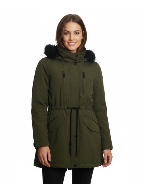 Soft Shell Hooded Coat with Faux Fur Trim