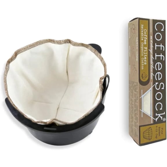 CoffeeSock The Original Reusable 100% Organic Cotton Coffee Filters - 2 pack Basket Filters 6-12 cup fit | Coffee Sock Cloth Coffee Filter | Organic Cotton Alternative