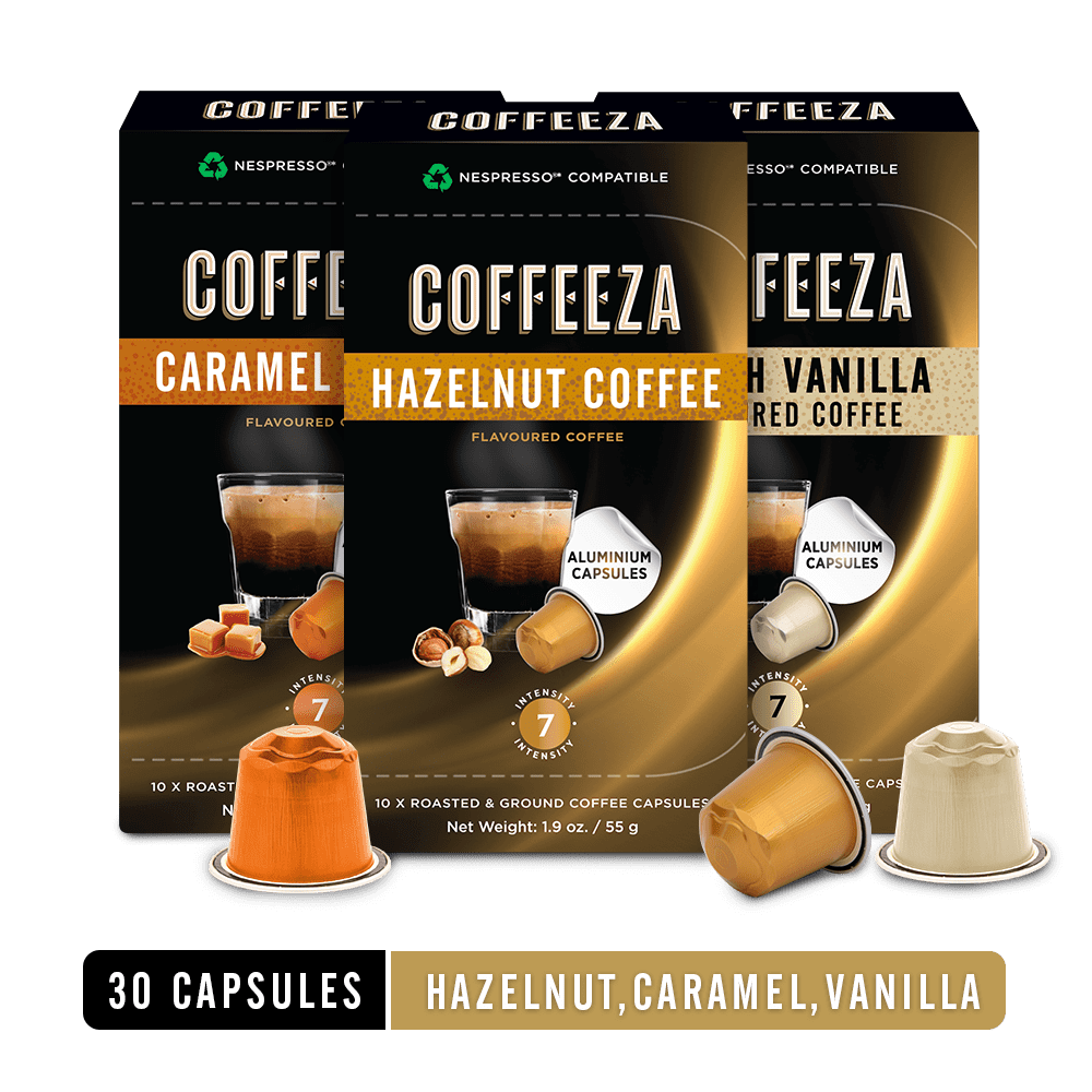 Coffeeza Flavored Coffee Pod Variety Pack of 3 | French Vanilla, Hazelnut & Caramel | 100% Arabica Coffee | Nespresso Compatible Coffee Pods | Box of 3 (30 Capsules)