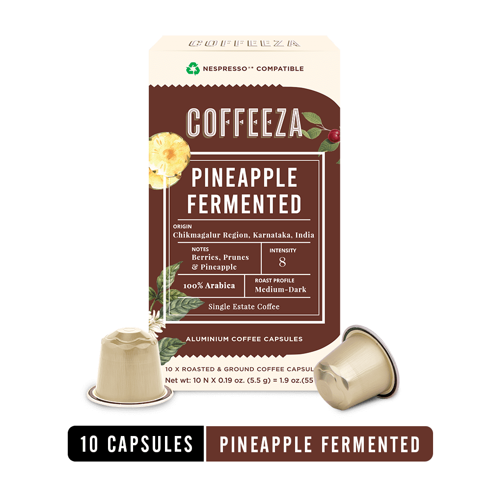 Coffeeza Pineapple Fermented Coffee Pods | Intensity -8 | 100% Arabica Coffee| Nespresso Compatible Coffee Pods| Box of 1 (10 Capsules)