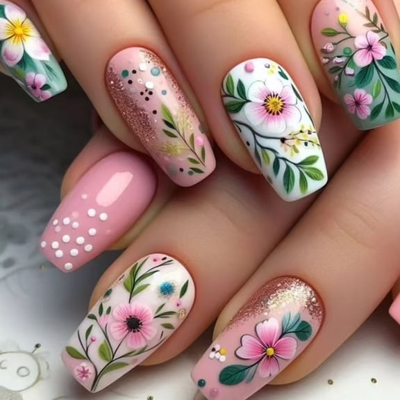 Coffin 24Pcs Glossy Spring Flower Acrylic Nails Full Covers On Nails For Fashionable Women Girls