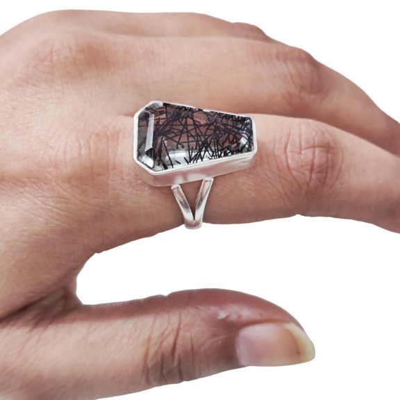 Coffin Black Rutile Ring, Natural Black Rutile Ring, Rutilated Quartz Gemstone, Womens Ring, Coffin Ring, 925 Sterling Silver, Christmas, Handmade, Statement Jewelry, Coffin Shape Gemstone Ring