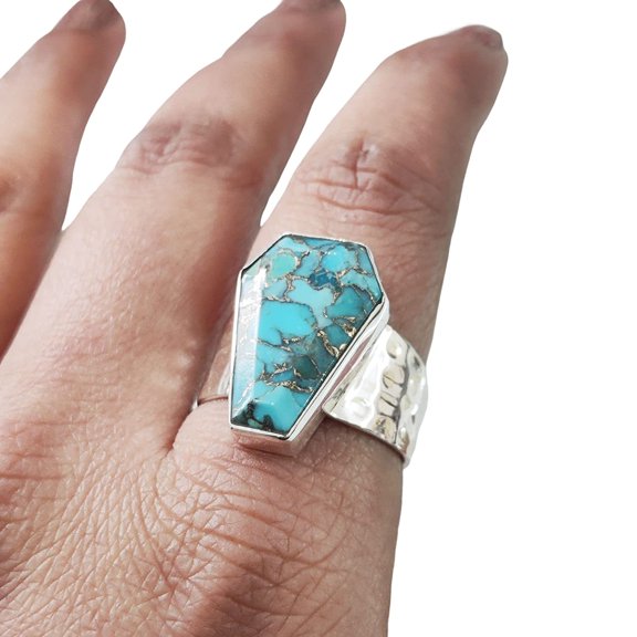 Coffin Blue Copper Turquoise Ring, Natural Turquoise Ring, December Birthstone, Hammer Womens Ring, Coffin Ring, 925 Sterling Silver, Christmas, Handmade, Statement Jewelry, Coffin Shape Gemstone Ring
