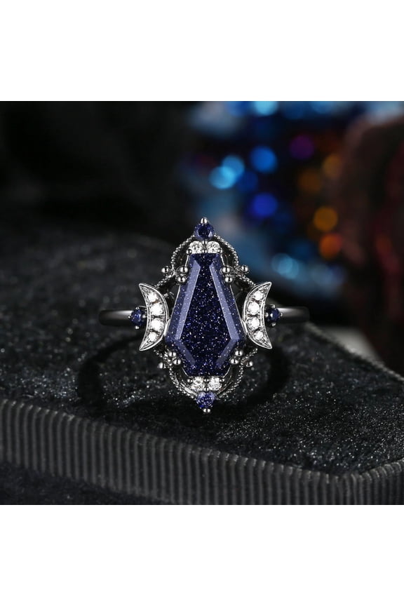 Coffin Cut Blue Sandstone Crescent Moon Ring – Gothic Celestial Statement Ring in 14K Black Gold Finish – Art Deco Moon Phase Engagement Ring for Women