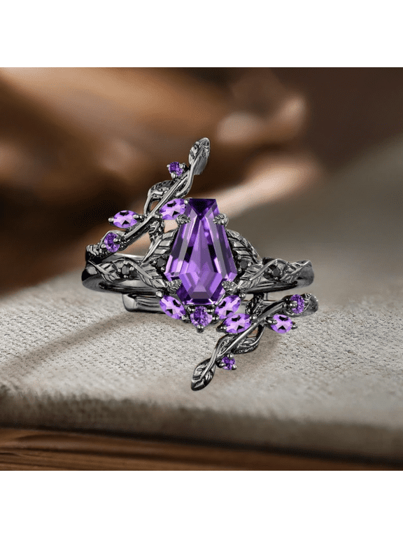Coffin Cut Purple Amethyst Bridal Ring Set- Leaf Branch Design Ring Enhance in 14K Black Gold Vermeil