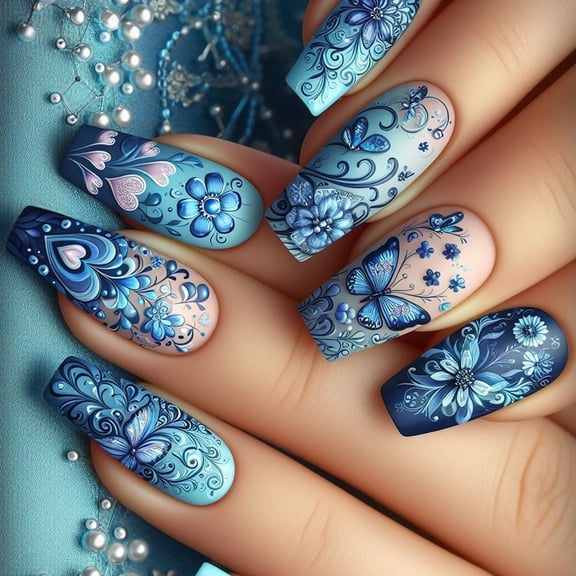 Coffin False Nails with Blue Butterfly Designs Flower Acrylic Nails Full Covers on Nails 24Pcs