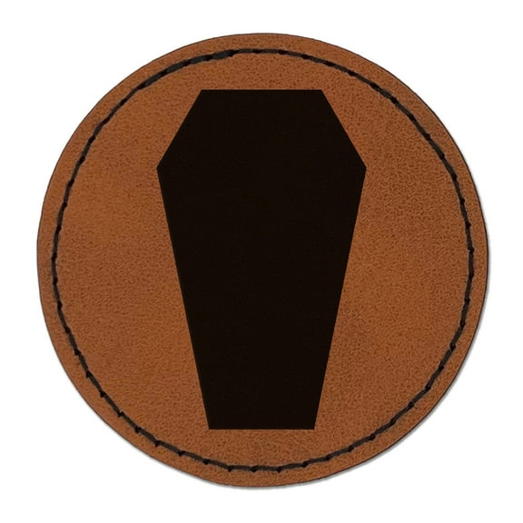 Coffin Halloween Solid 2.5" Faux Leather Round Engraved Iron-On Patch - Brown