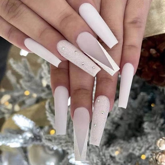 Coffin Press on Crystal Nails White Long Fakes Nails Rhinestone Women's Bling Acrylic False Nails- Matte Full Cover Long Nails Art Manicure Decoration White 24 Piece Assortment
