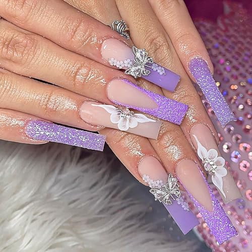 Coffin Press on Nails Long Coffin Purple Nails French Fake Fingernails Glitter Press on Nails with Designs Butterfly and Flower and Flower Bling Press on Nails