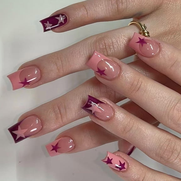 Coffin Press on Nail French Tip Fake Nail Glues on Nail Star Designs False Nail Artificial Nail