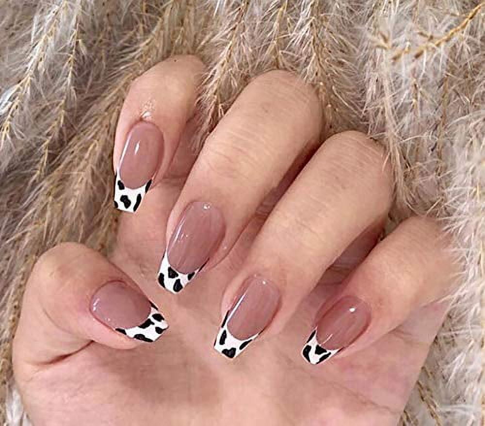 Lovful Cute Long Coffin Press on Nails, French Leopard Fake Nails with  Adhesive Tabs, False Nails for Women Girls Nail Art Decoration 24 Pcs, Black