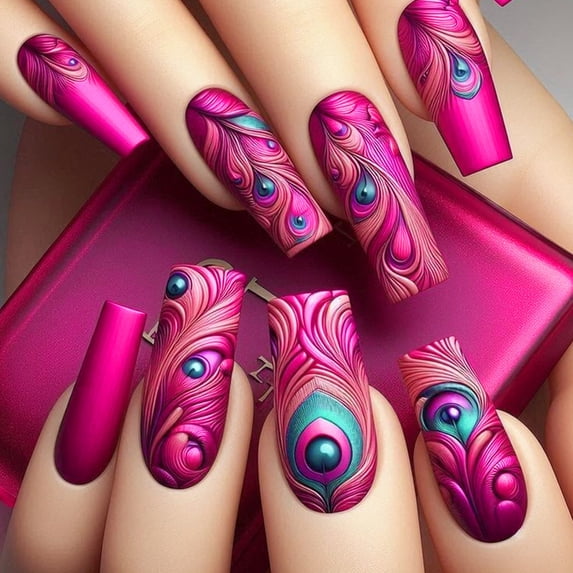 Coffin Press-on Square Full Cover Acrylic False Nails - 24 Pcs with Glossy Finish - Peacock Feather Designs on Red Nails, Gifts Stocking Stuffers for Women