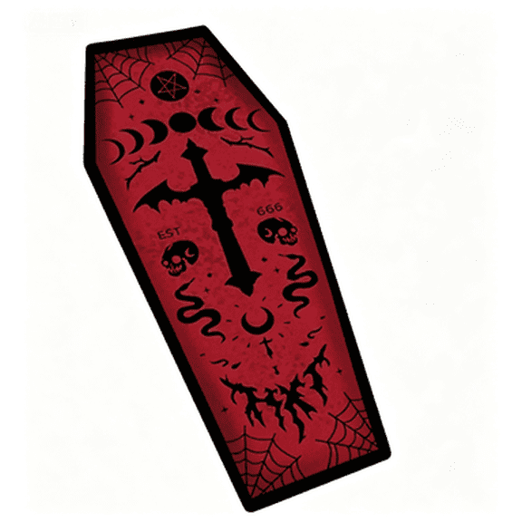 Coffin Shape Area Rug, Gothic Decor Mat with Skull Print, Non-Slip Horror Halloween Floor Carpet for Bedroom Red
